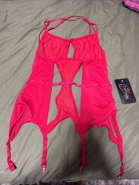 Forplay Neon Pink Strappy Gartered Mesh Bodice